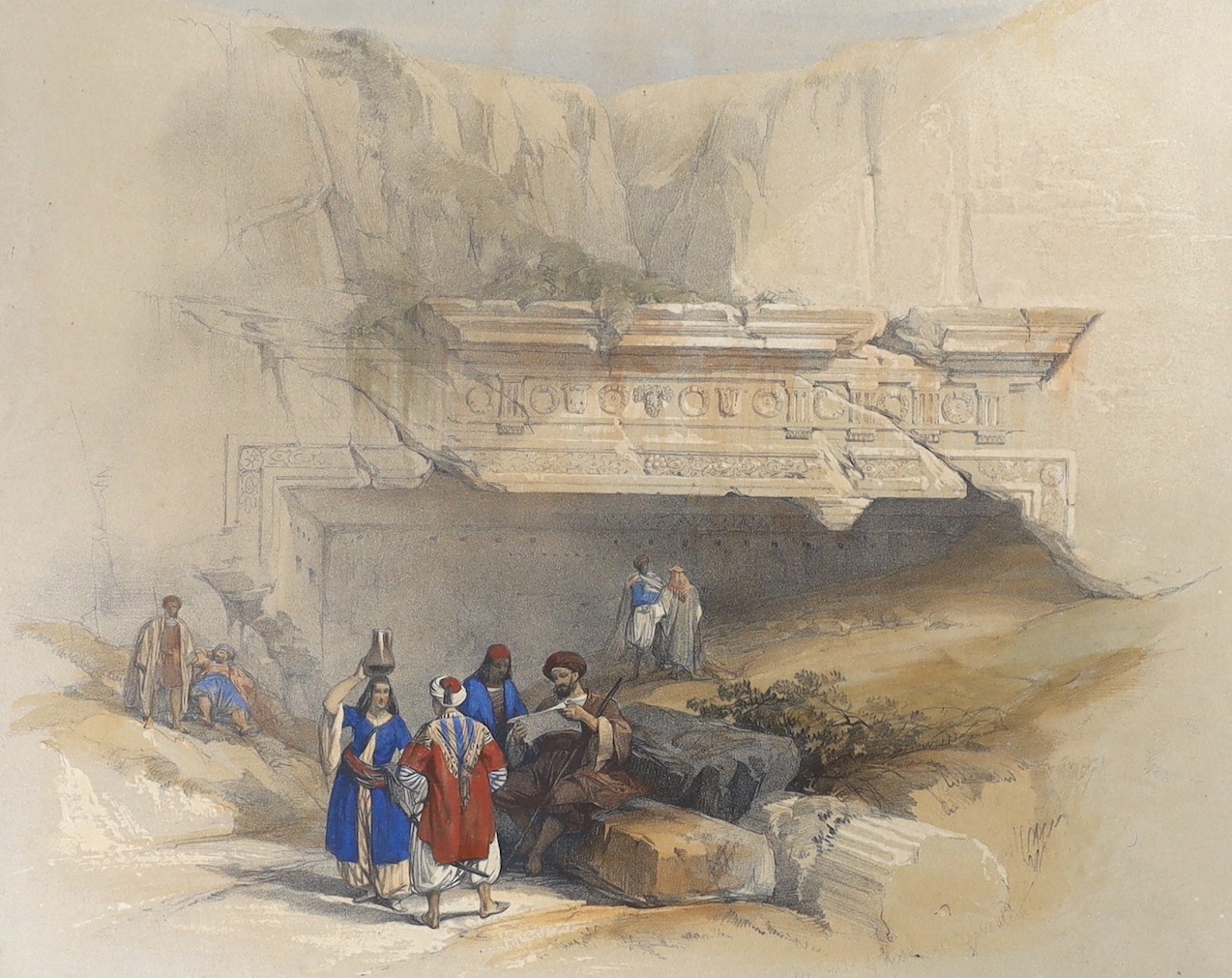 David Roberts (1796-1864), three hand coloured lithographs, 'Entrance to the Tomb of Kings', 1839, plate 53, 'Town of Tiberius looking towards Lebanon', 1839, plate 100 and 'Sidon seen from the South', 1839, plate 112, l